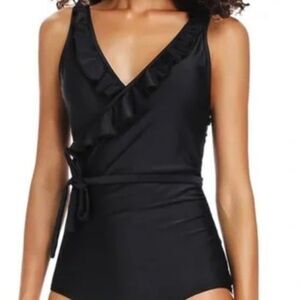 SALE 2/$25 NWT DixPerfect Hermosa Swimsuit Size Large Black Ruffle One Piece